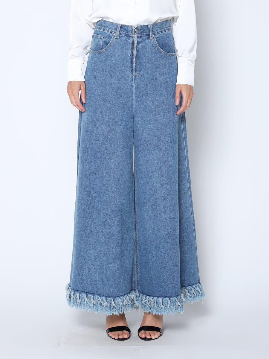 Frayed Raw Hem Wide Leg Slouchy Denim Pants - Image 5