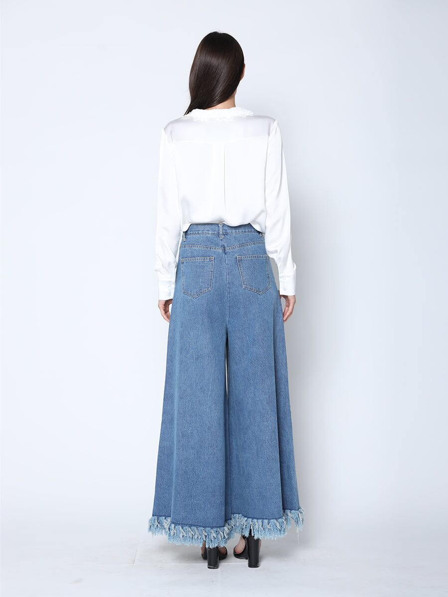 Frayed Raw Hem Wide Leg Slouchy Denim Pants - Image 8