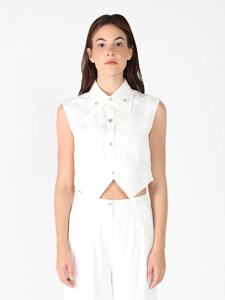Front Button Open-Bottom Hem Sleeveless Top