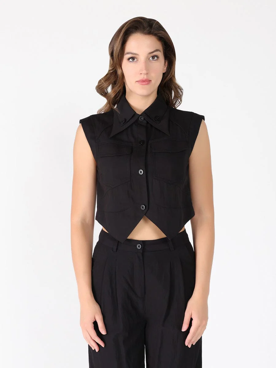 Front Button Open-Bottom Hem Sleeveless Top
