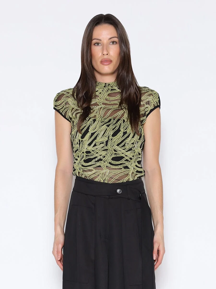 Front Embroidered Sleeveless Mock Neck Top