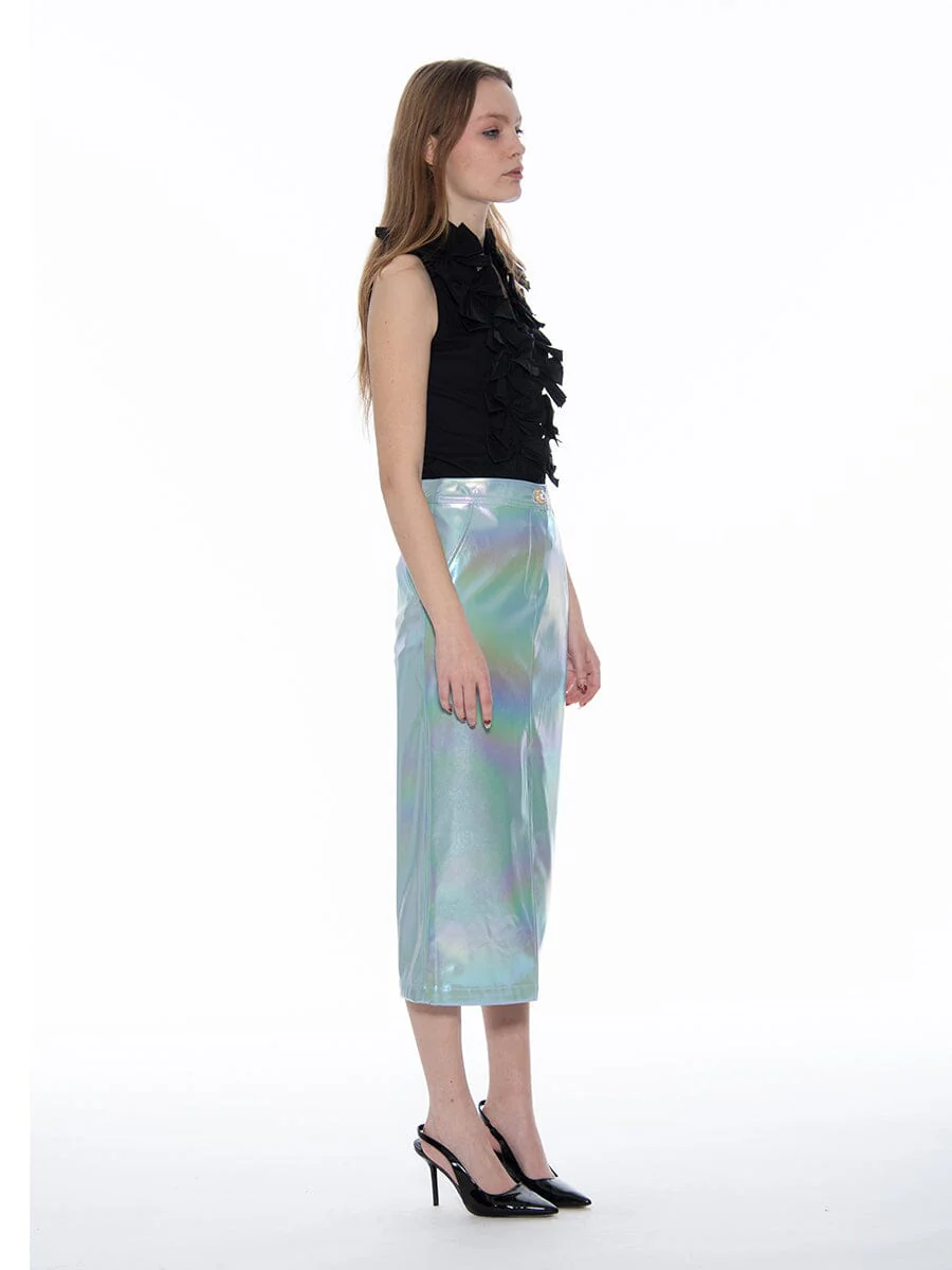Front Slit Metallic Pleather Pencil Skirt - Image 3