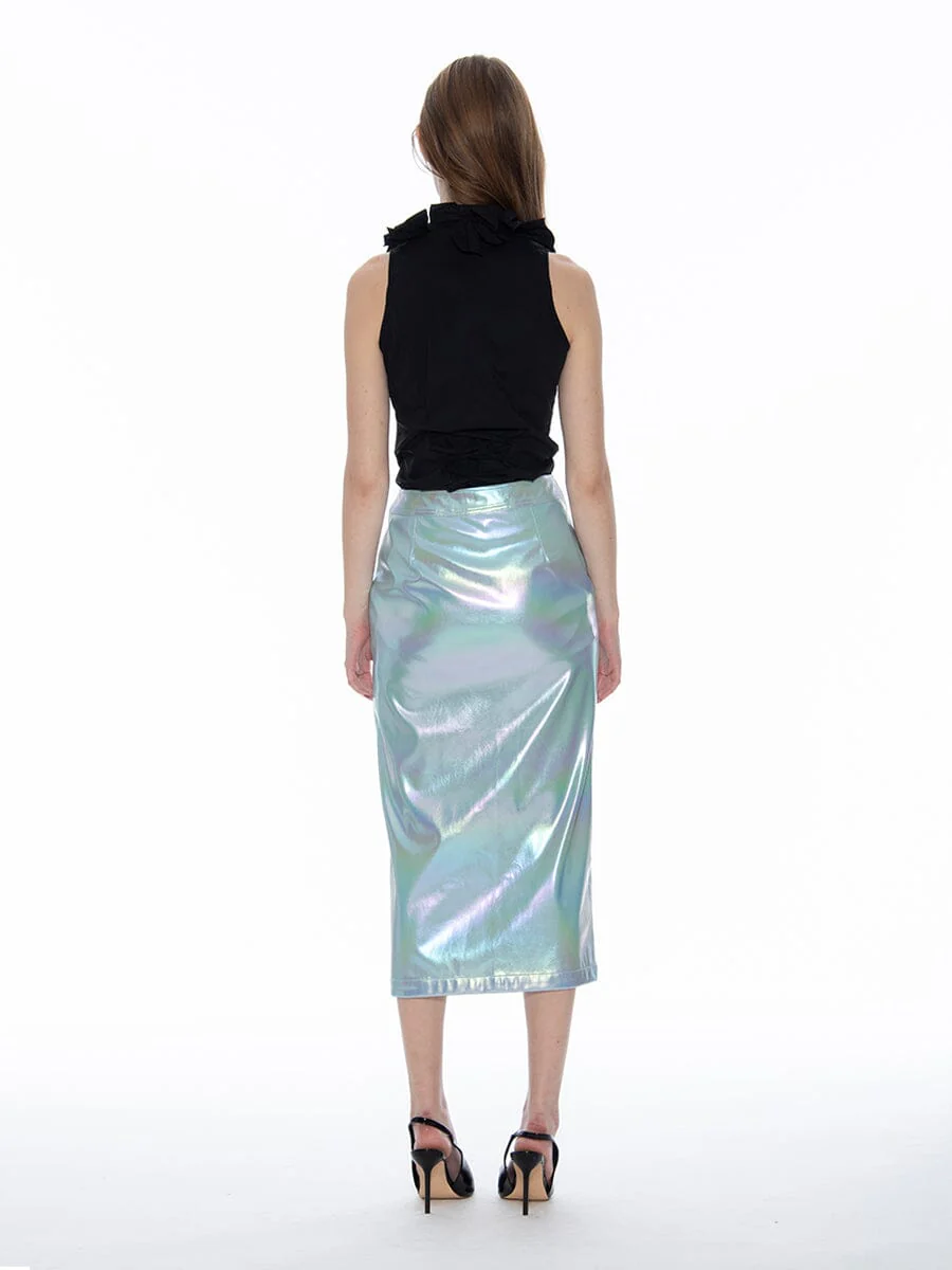 Front Slit Metallic Pleather Pencil Skirt - Image 4