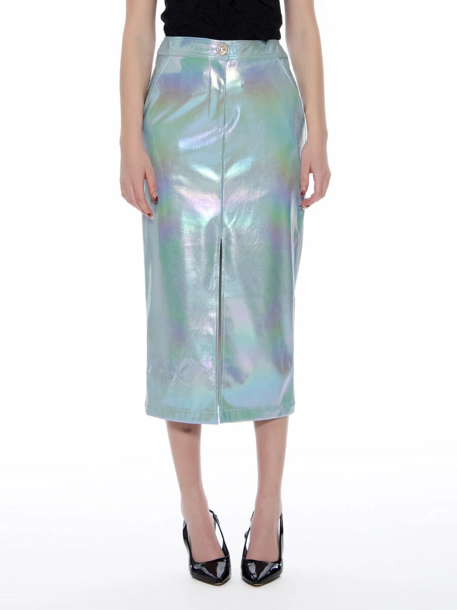 Front Slit Metallic Pleather Pencil Skirt - Image 5