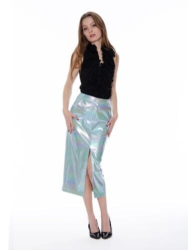 Front Slit Metallic Pleather Pencil Skirt - Image 6