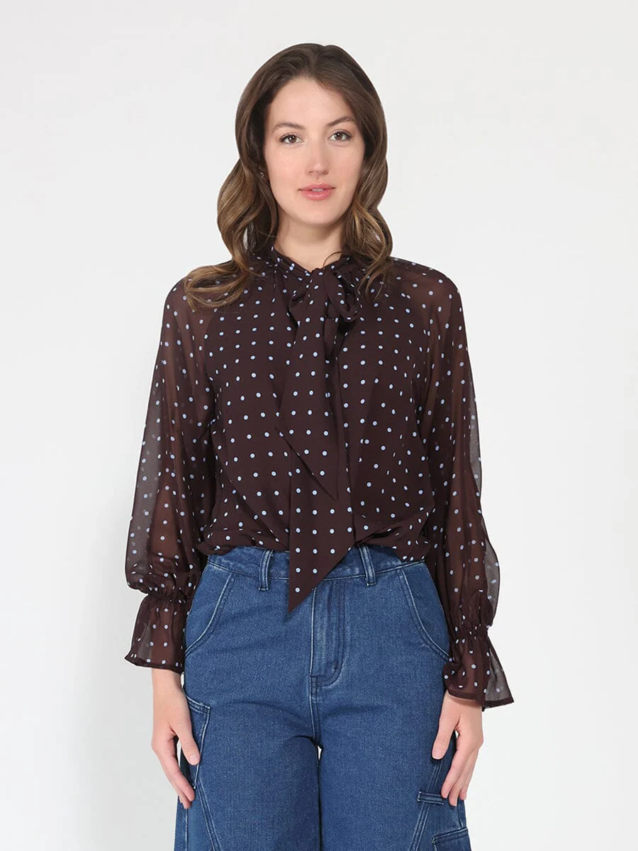 Front Tie Long Sleeve Dot Print Top
