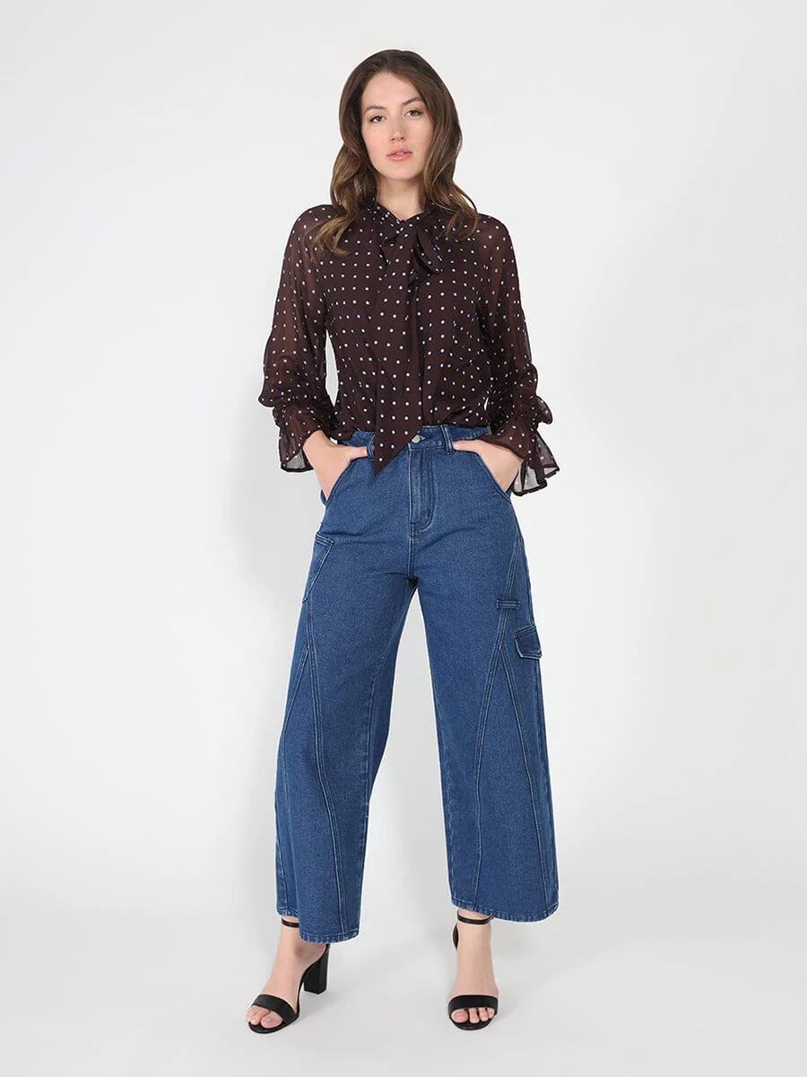 Front Tie Long Sleeve Dot Print Top - Image 2