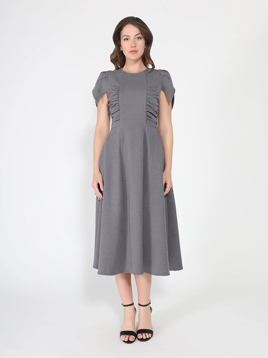 Gathered Side Detail Cap Sleeve A-line Midi Dess