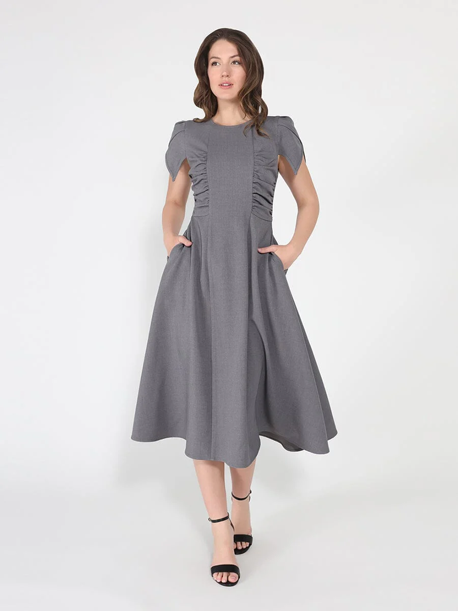 Gathered Side Detail Cap Sleeve A-line Midi Dess - Image 2