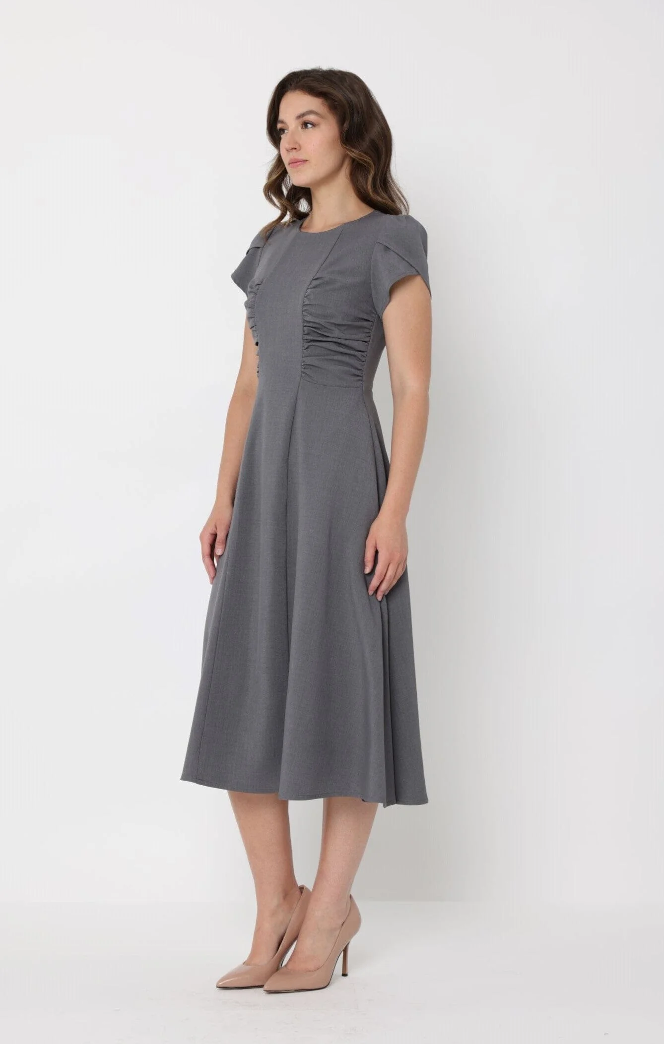 Gathered Side Detail Cap Sleeve A-line Midi Dess - Image 3