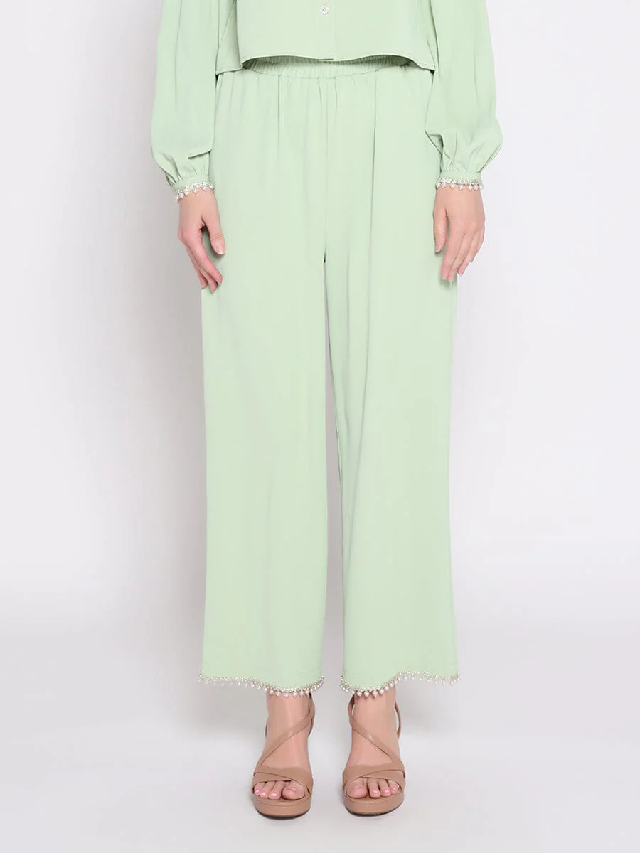 High Elastic Waist Pearl Hem Pants