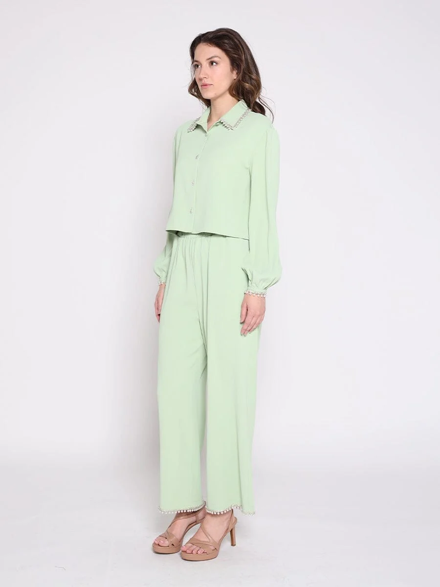 High Elastic Waist Pearl Hem Pants - Image 3