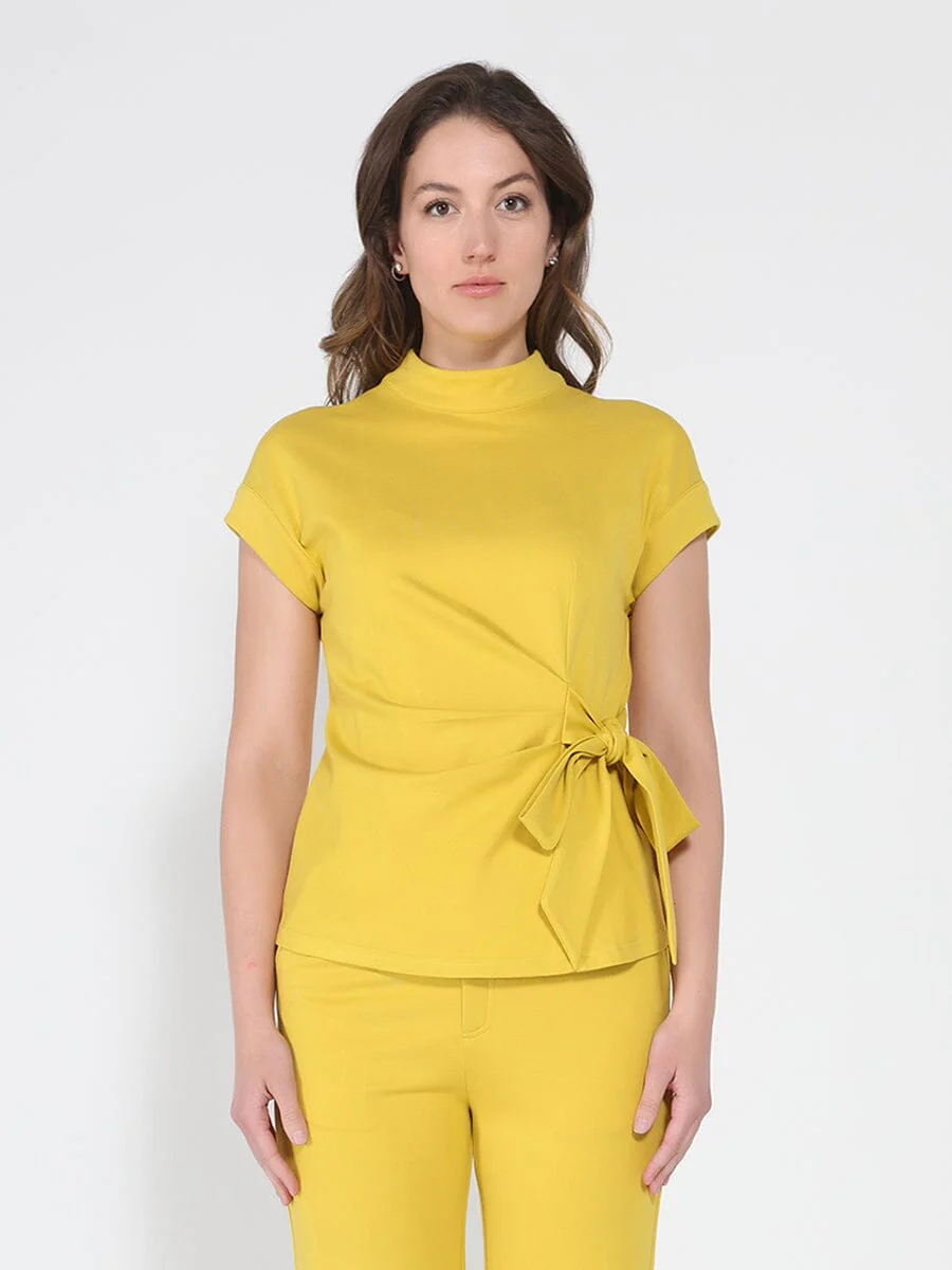 High neck tie detail short sleeve solid top