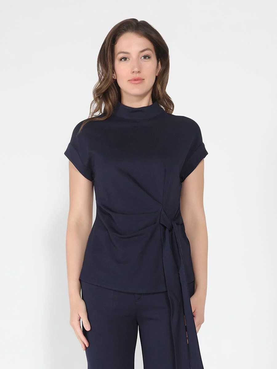 High neck tie detail short sleeve solid top - Image 5