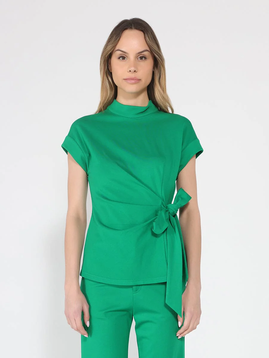 High neck tie detail short sleeve solid top - Image 9