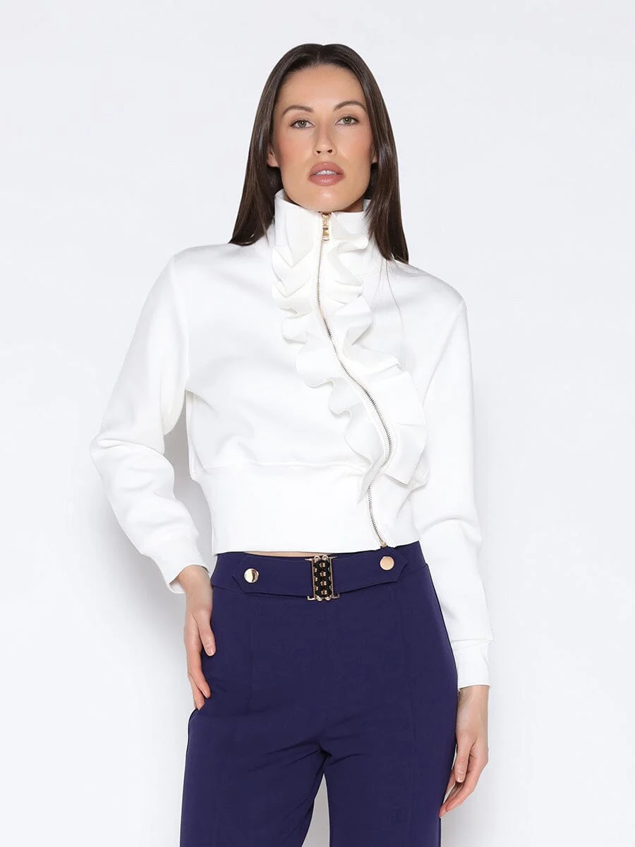 Highneck Scuba Assymetrical Ruffled Zip Jacket