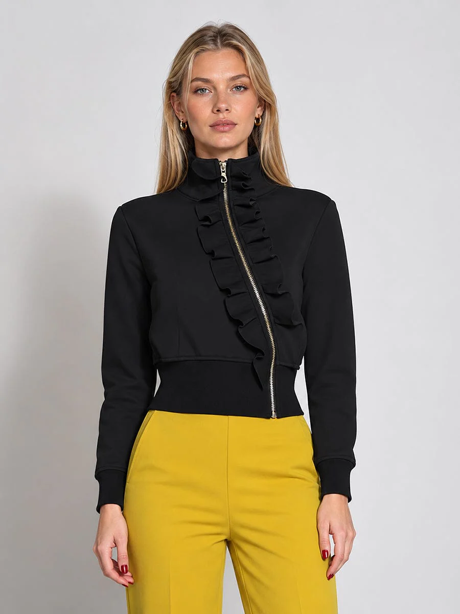 Highneck Scuba Assymetrical Ruffled Zip Jacket - Image 9