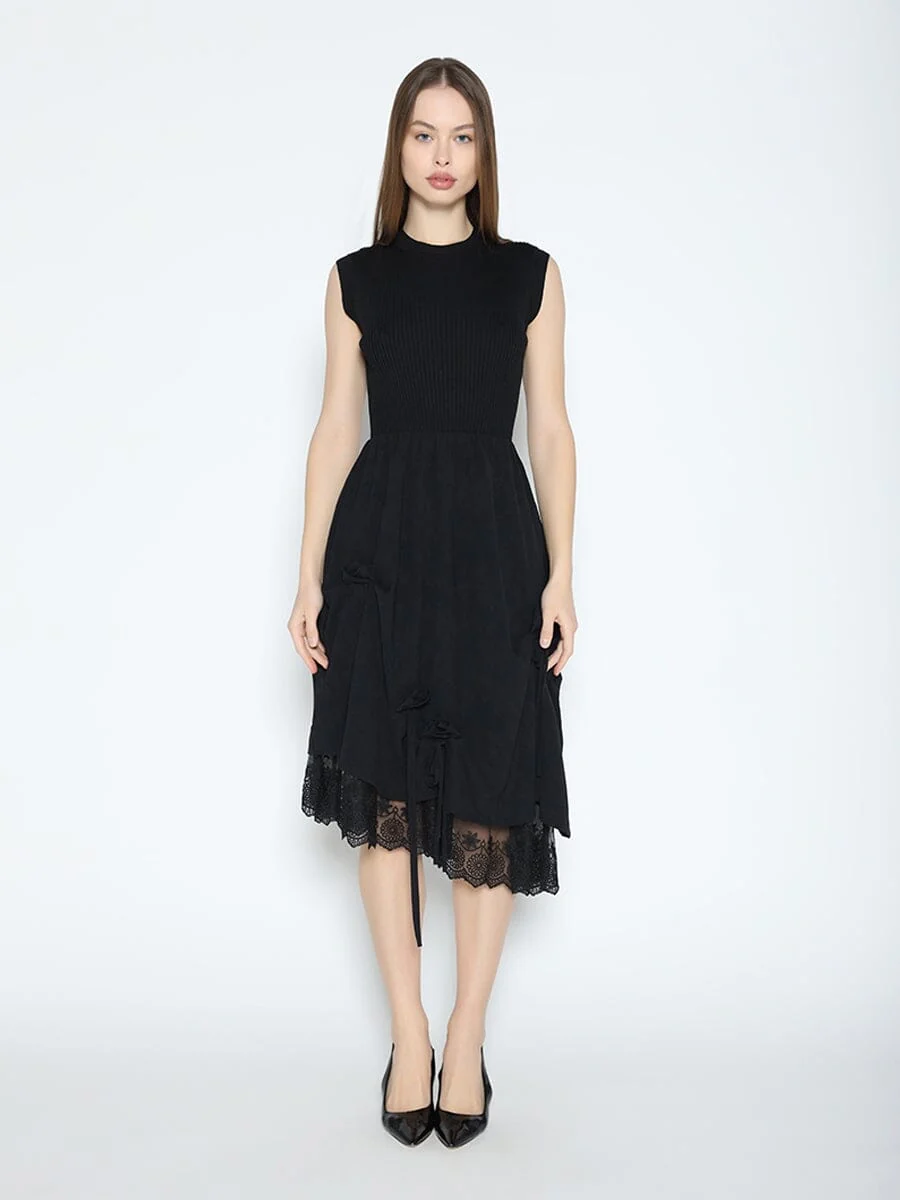 Knit Top Asymmetrical Lace Hem Dress