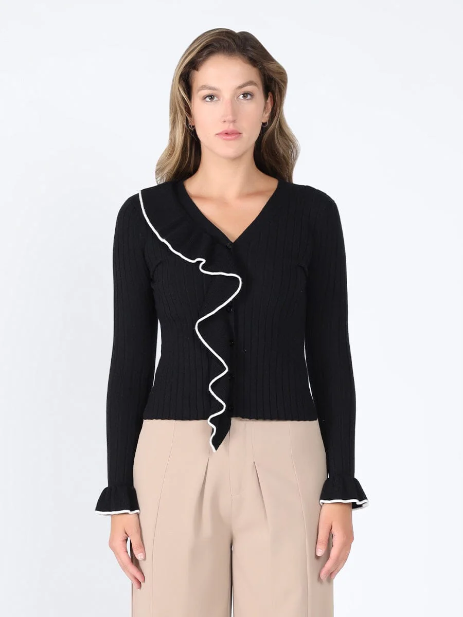 Knitted ruffle v-neck top