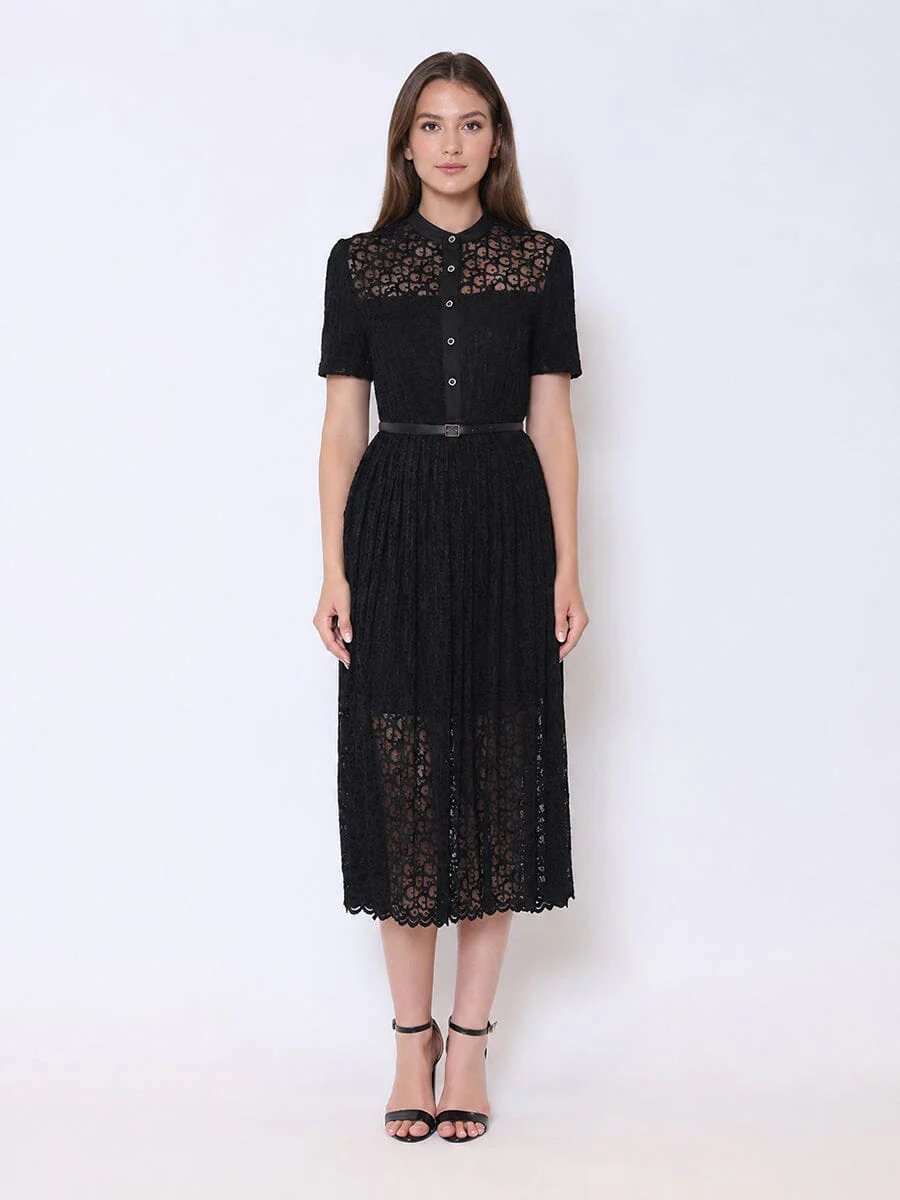 Lace Floral Button Front Mock Neck Belted Dress