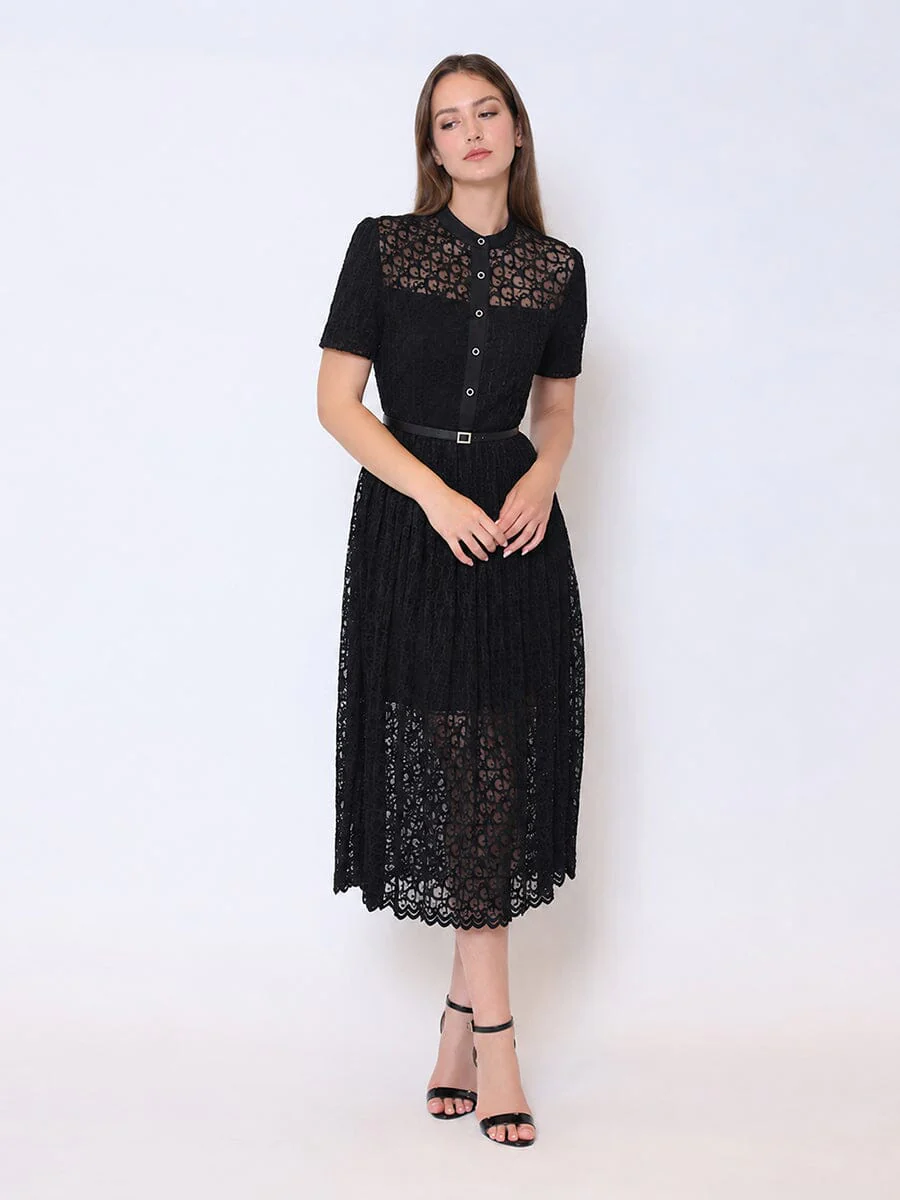 Lace Floral Button Front Mock Neck Belted Dress - Image 2