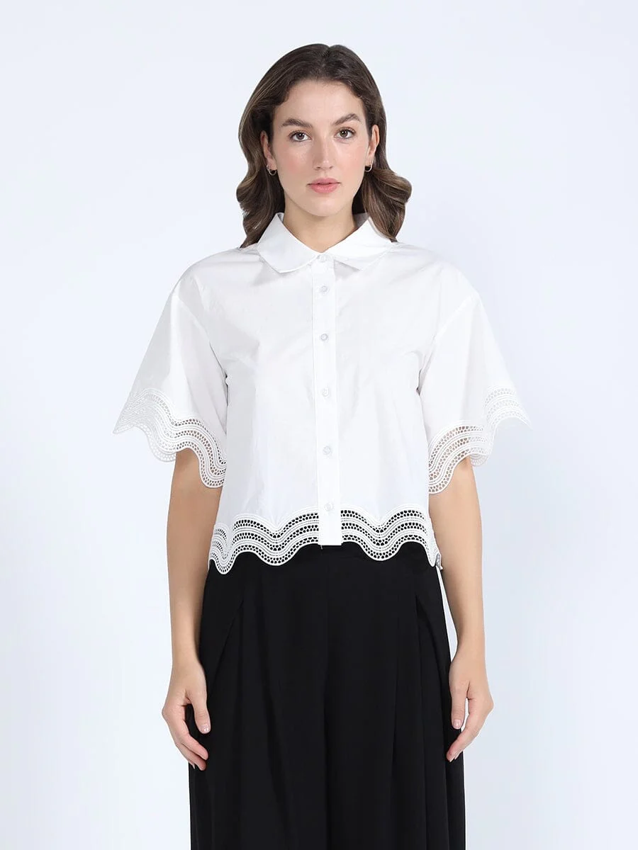 Lace Hem Short Sleeve Button-Down Shirt