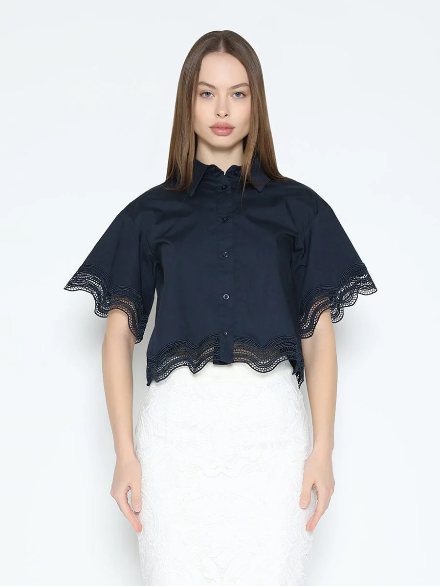 Lace Hem Short Sleeve Button-Down Shirt - Image 5
