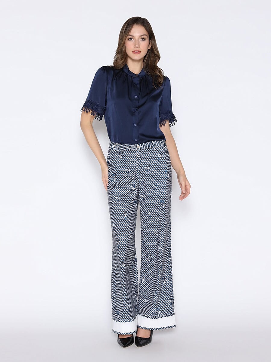Lace Hem Short Sleeve Satin Round Neck Shirt - Image 2