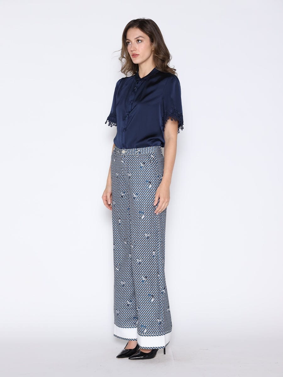 Lace Hem Short Sleeve Satin Round Neck Shirt - Image 3