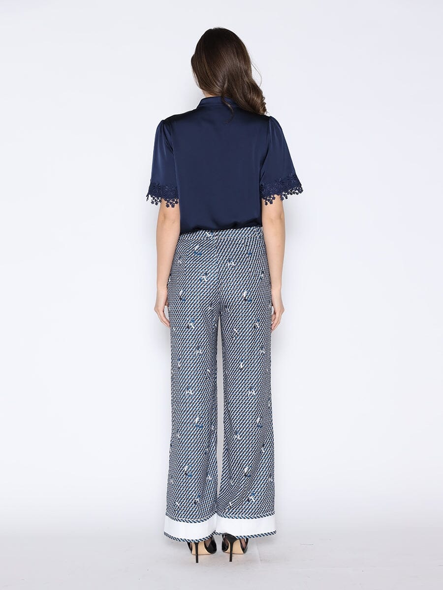Lace Hem Short Sleeve Satin Round Neck Shirt - Image 4