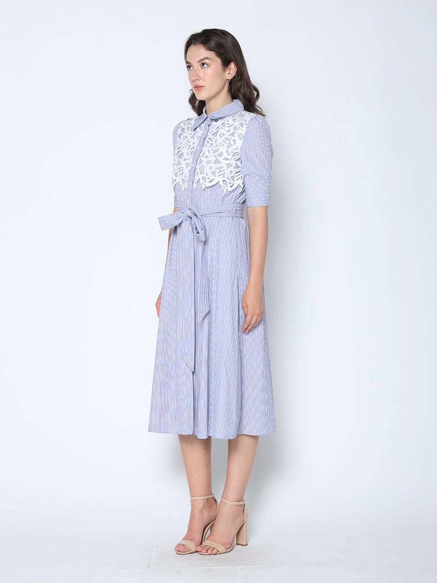 Lace Spliced Striped Tie Belted A-Line Dress - Image 3