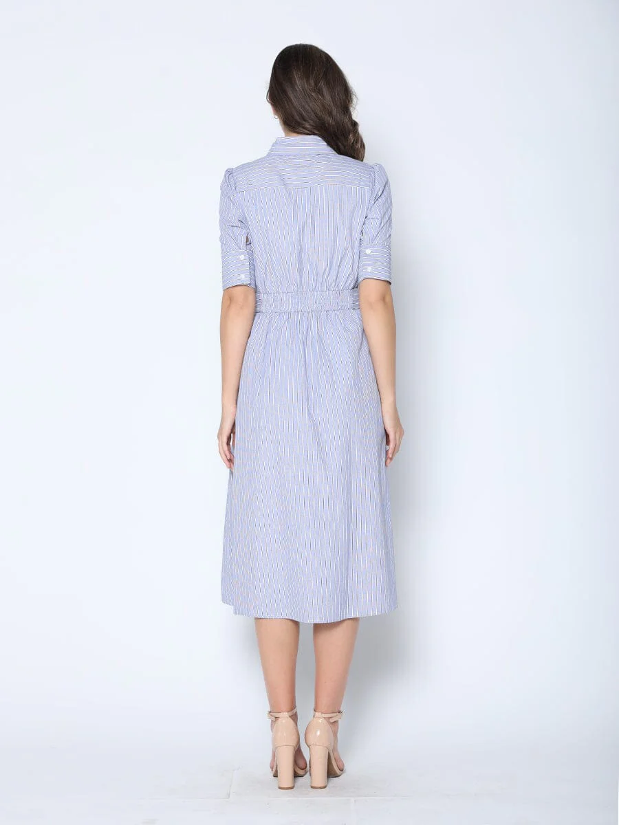 Lace Spliced Striped Tie Belted A-Line Dress - Image 4