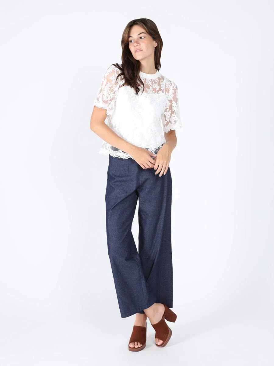 Lace Work Crew Neck Scallop Hem Top - Image 2