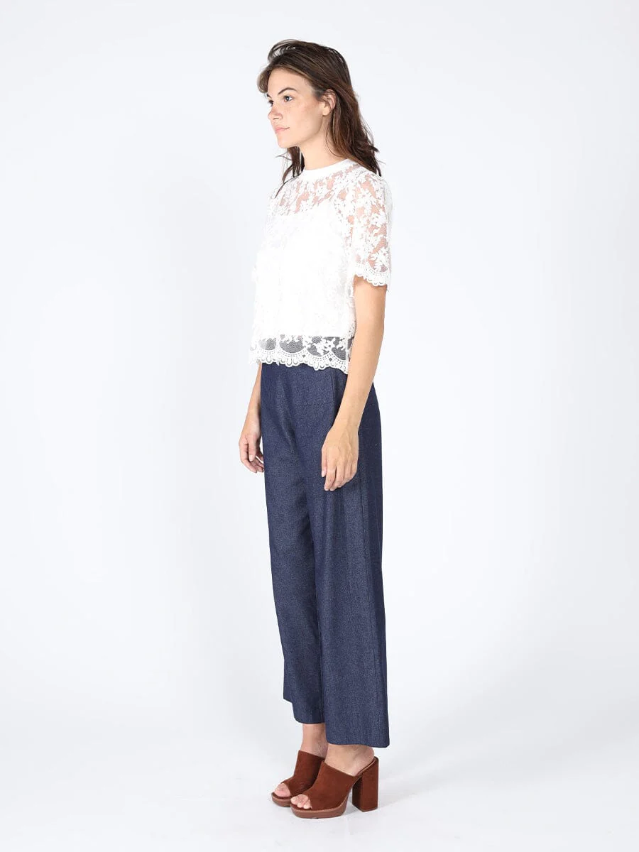 Lace Work Crew Neck Scallop Hem Top - Image 3