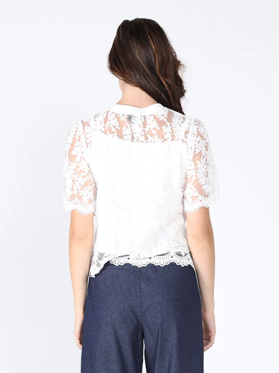 Lace Work Crew Neck Scallop Hem Top - Image 4