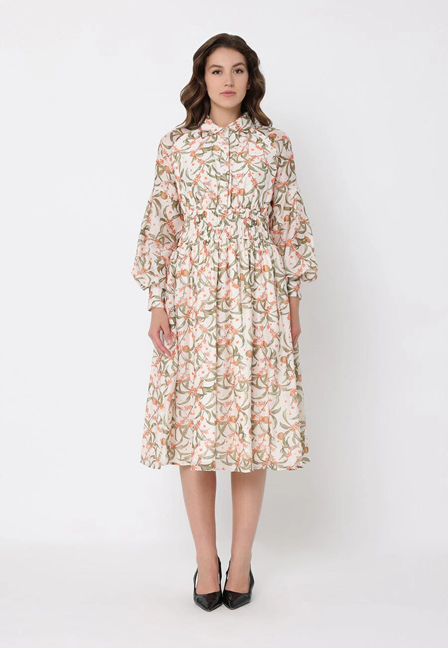 Leaf print puffed long sleeve belt dress