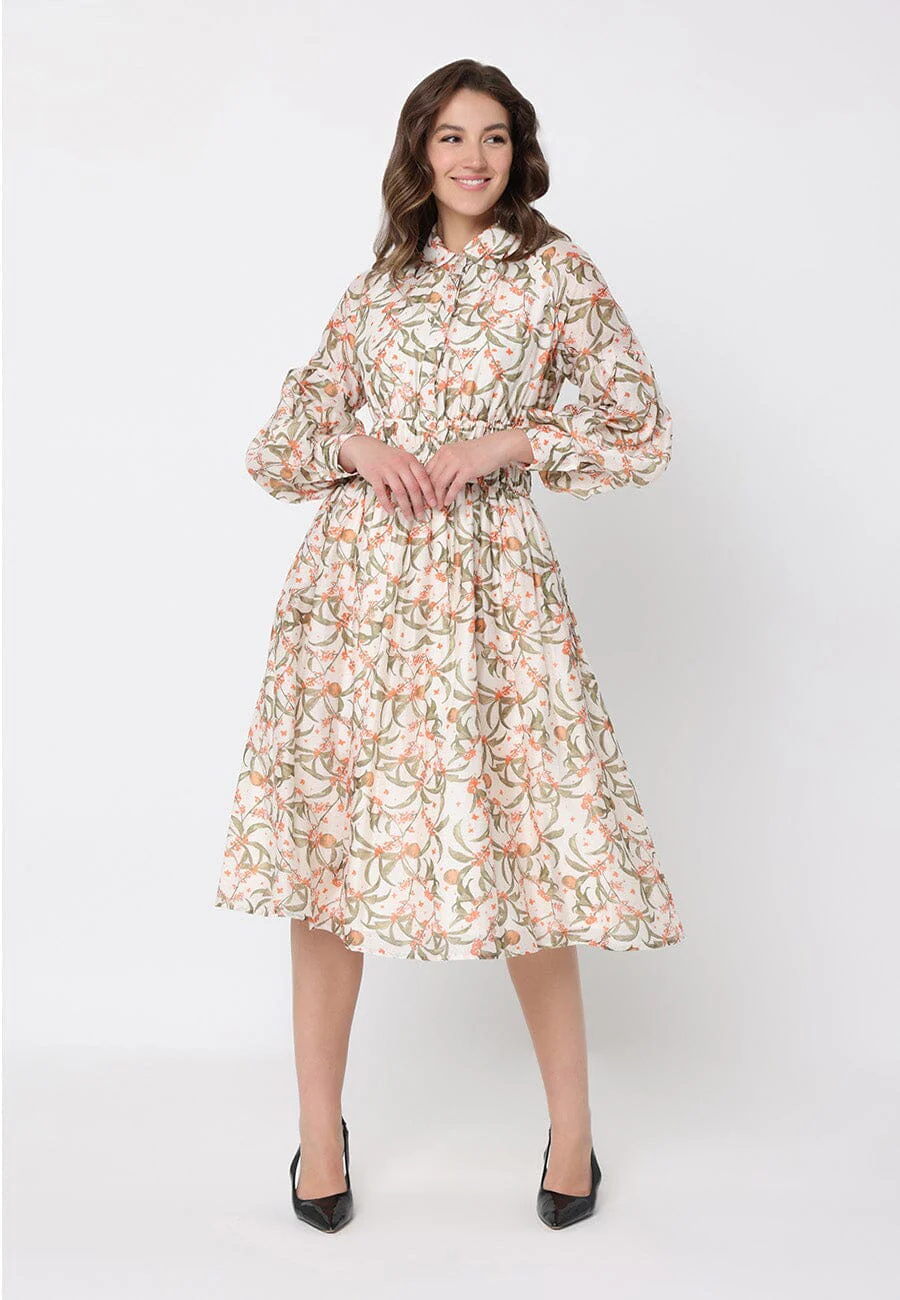 Leaf print puffed long sleeve belt dress - Image 2