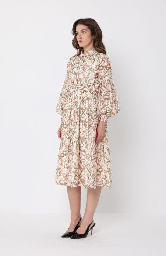 Leaf print puffed long sleeve belt dress - Image 3