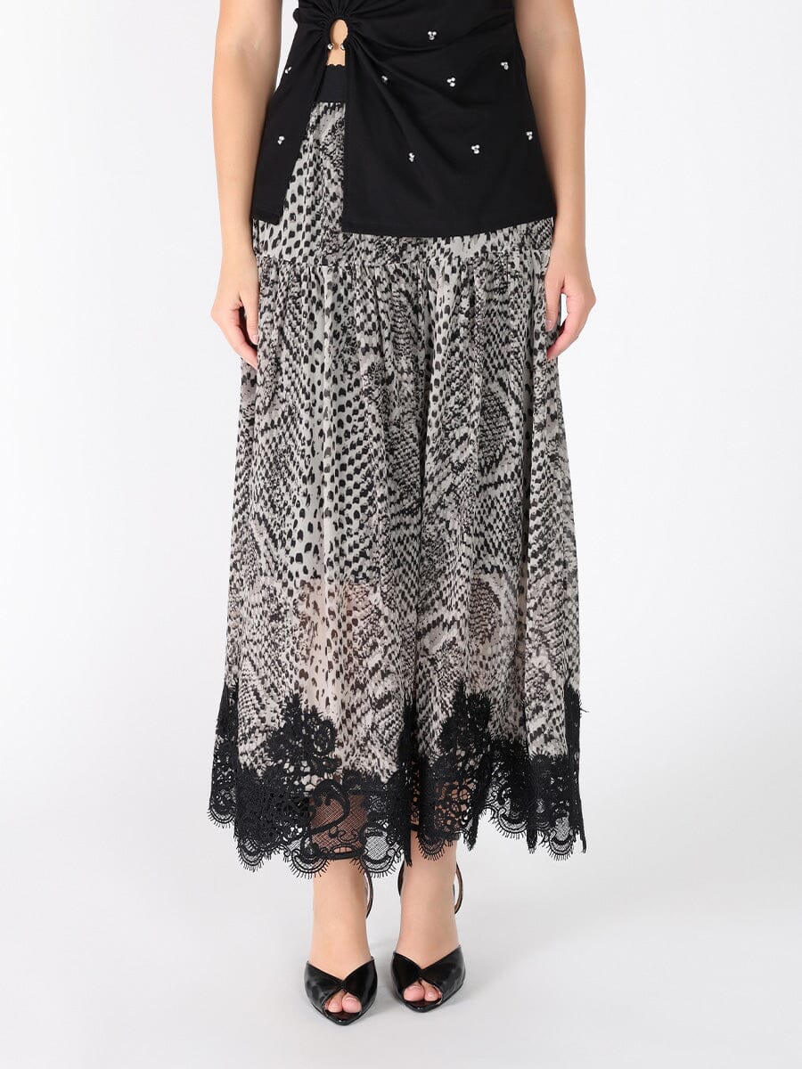Leopard Print Lace Hem Elastic Waist Skirt