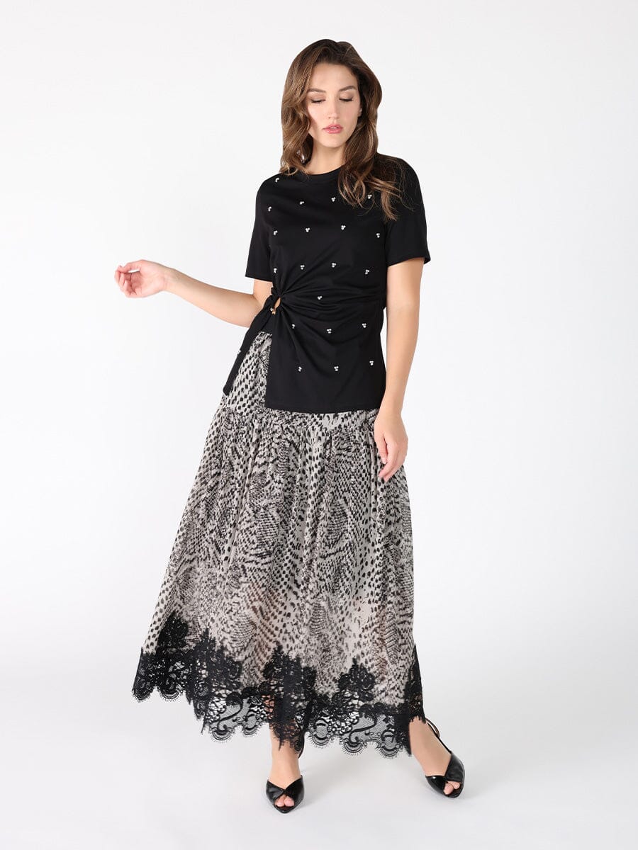 Leopard Print Lace Hem Elastic Waist Skirt - Image 2