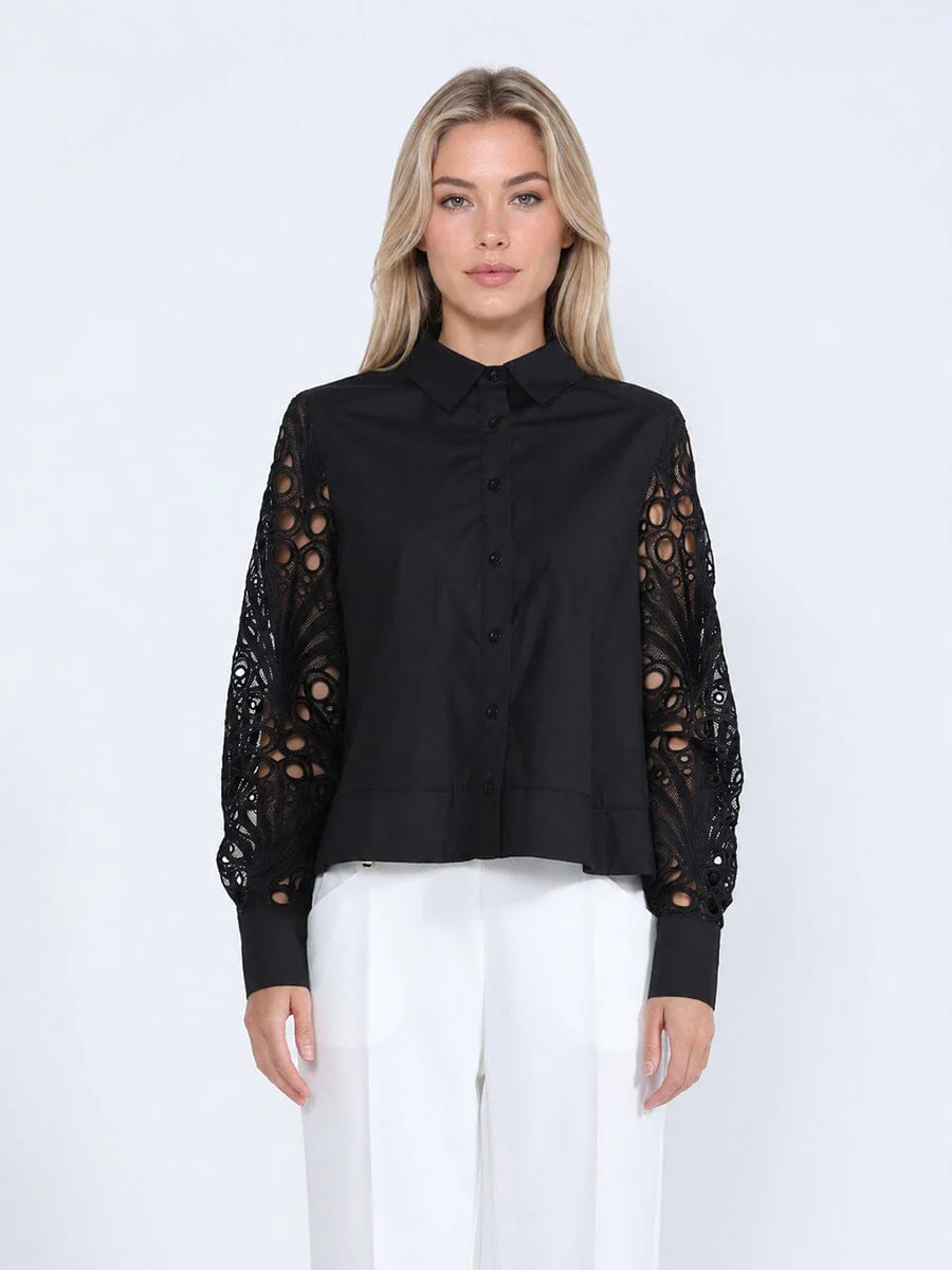 Long Eyelet Sleeve Solid Cotton Button Down Shirt