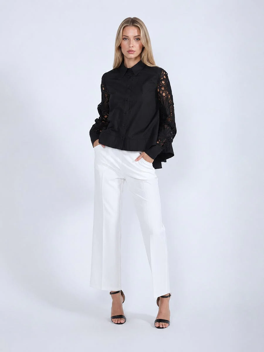 Long Eyelet Sleeve Solid Cotton Button Down Shirt - Image 2