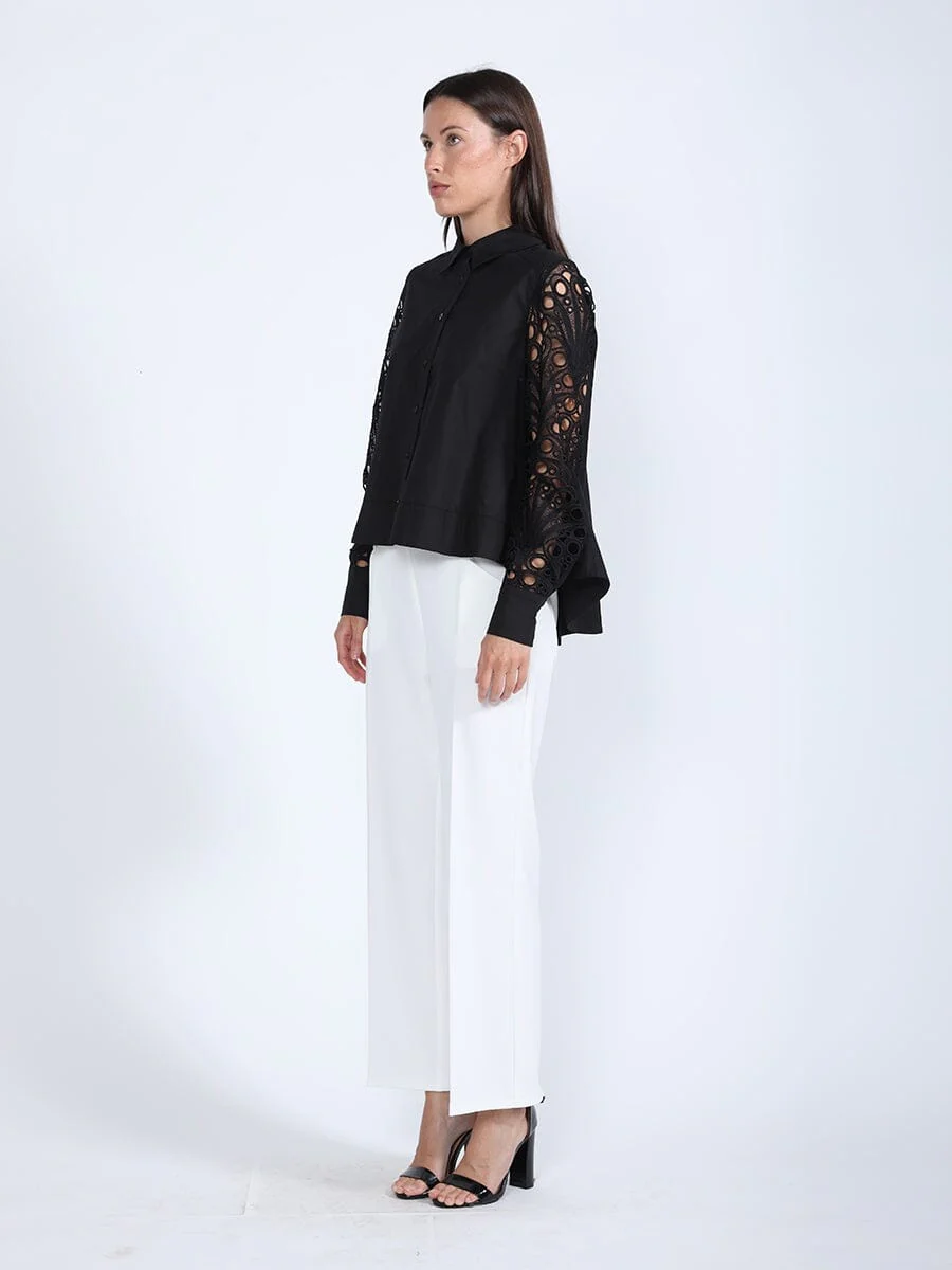 Long Eyelet Sleeve Solid Cotton Button Down Shirt - Image 3
