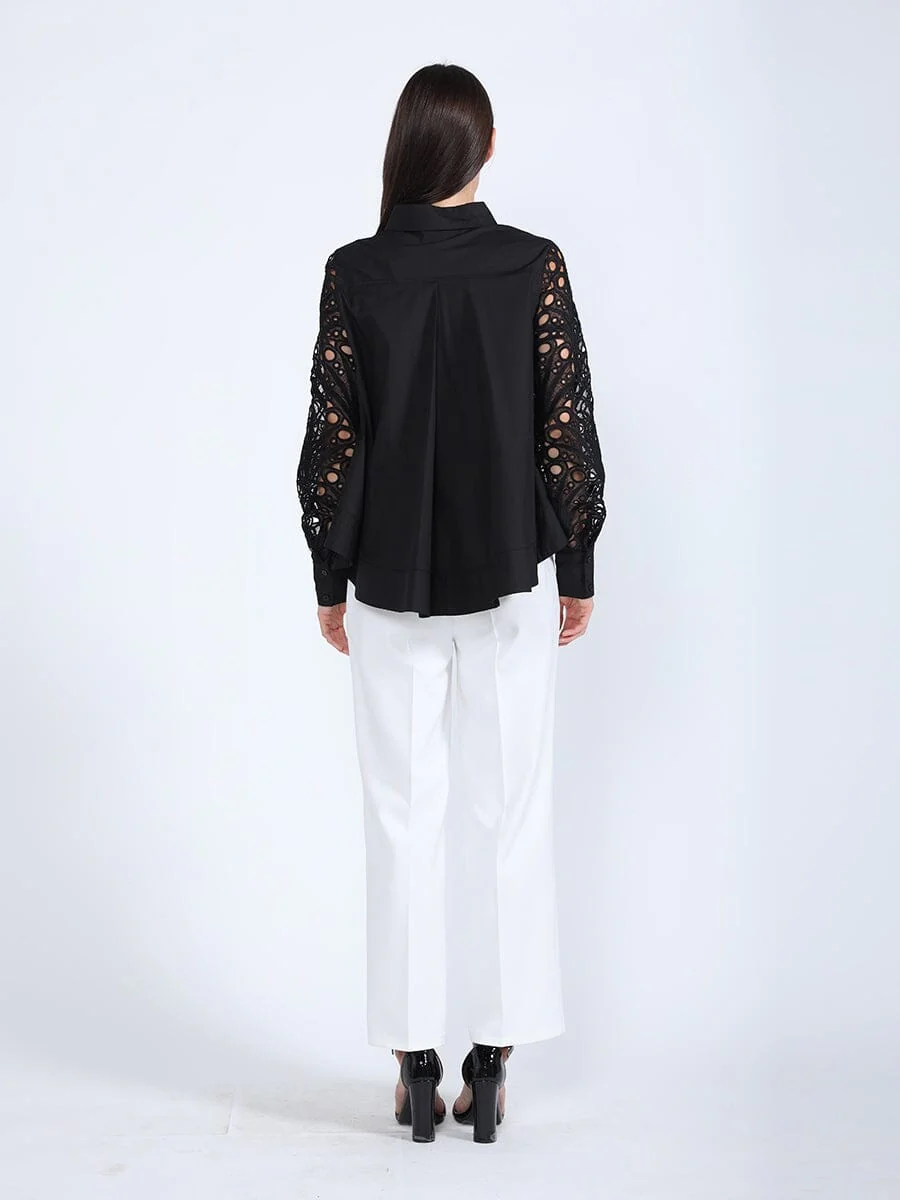 Long Eyelet Sleeve Solid Cotton Button Down Shirt - Image 4