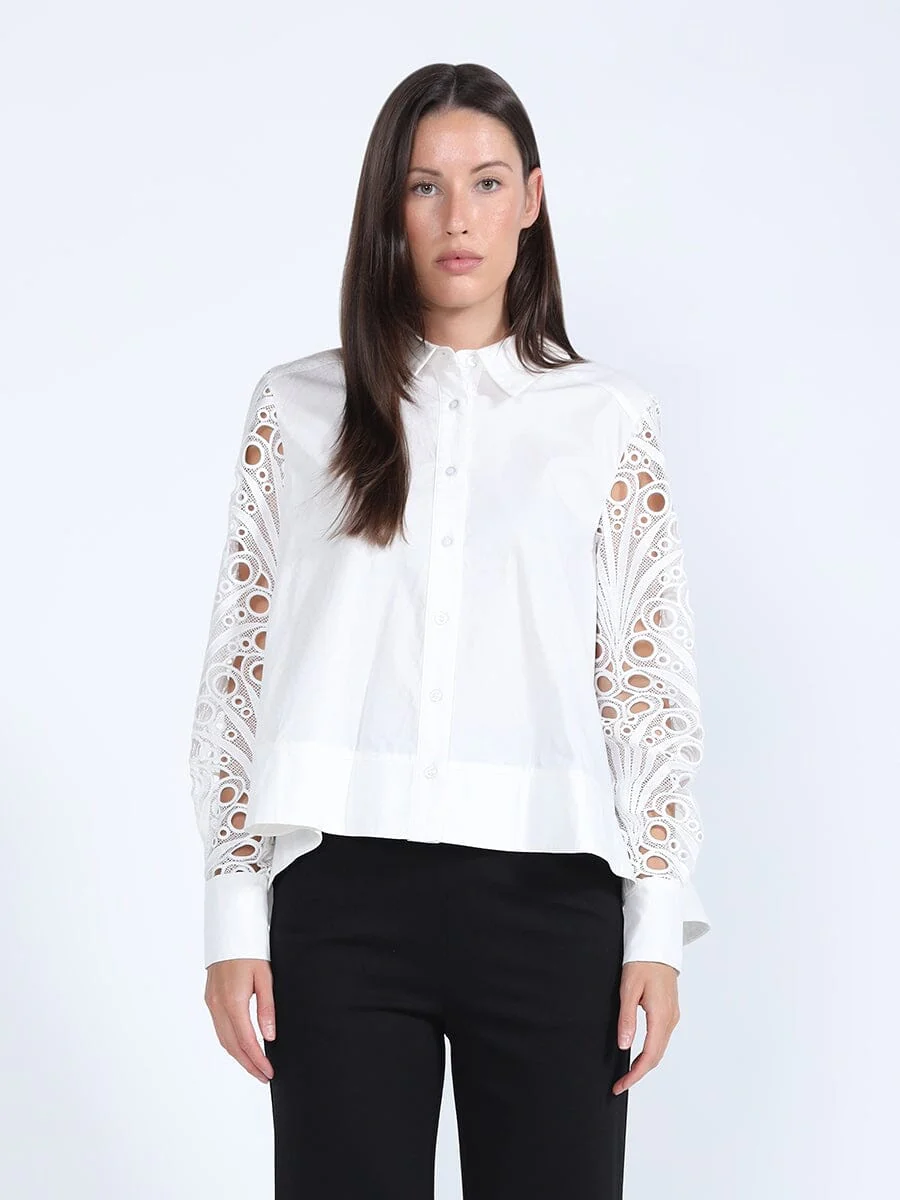 Long Eyelet Sleeve Solid Cotton Button Down Shirt - Image 5