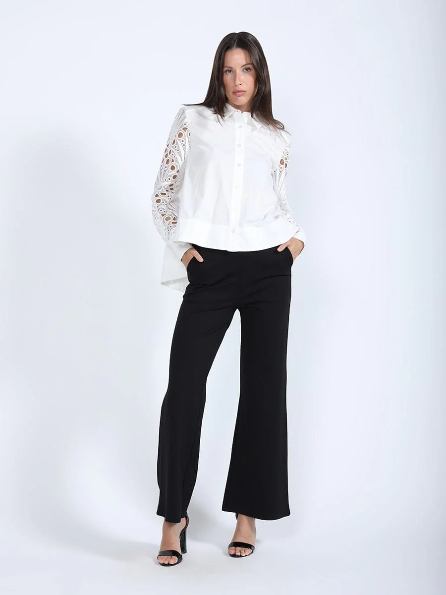 Long Eyelet Sleeve Solid Cotton Button Down Shirt - Image 6