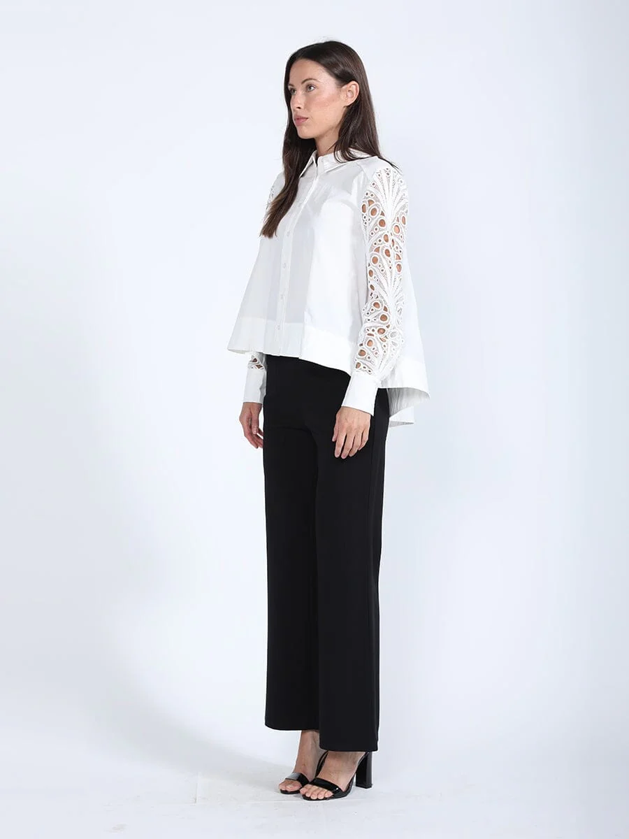 Long Eyelet Sleeve Solid Cotton Button Down Shirt - Image 7