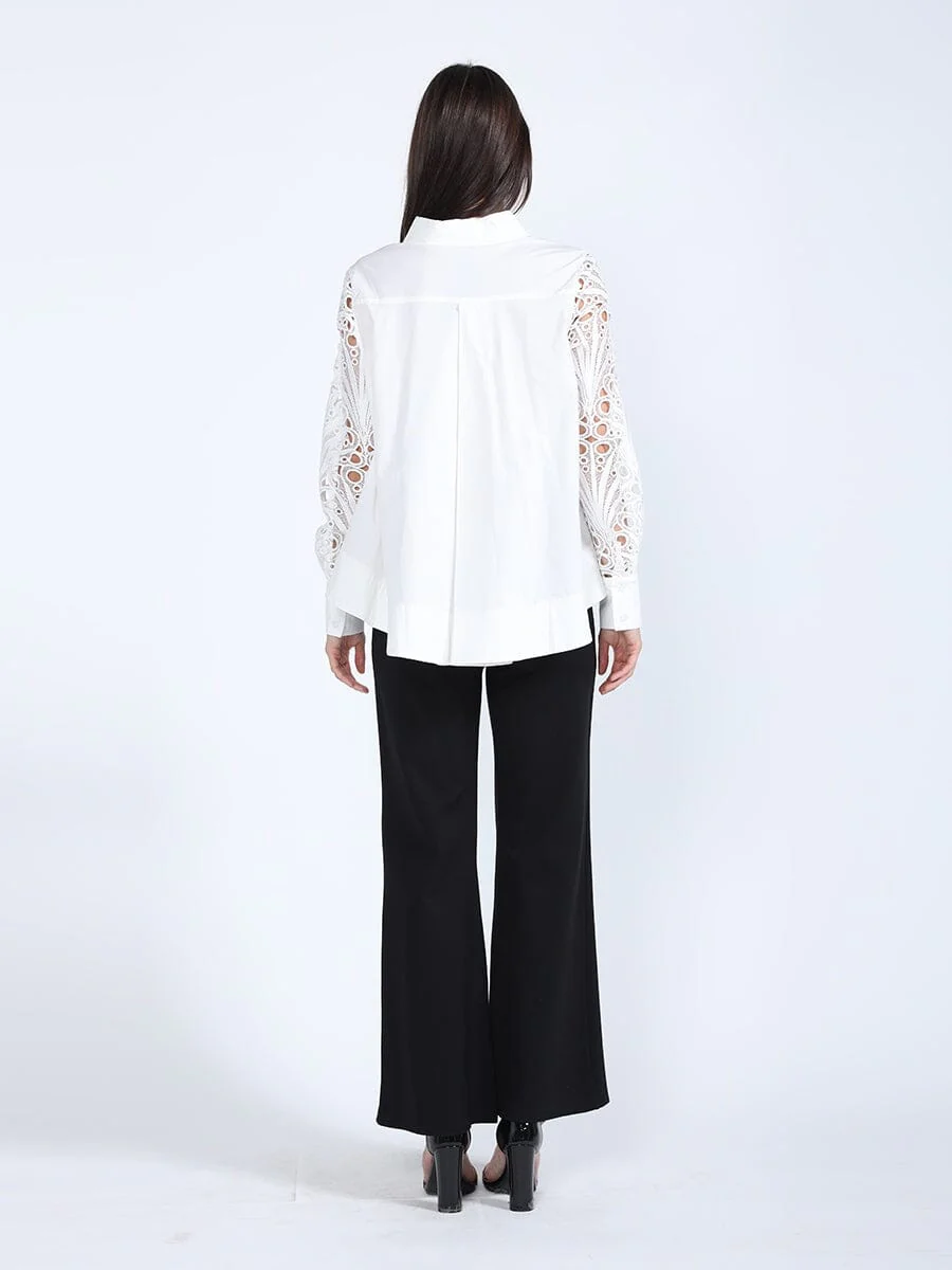 Long Eyelet Sleeve Solid Cotton Button Down Shirt - Image 8