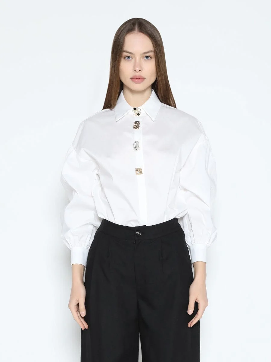Long Puff Sleeve Button Detail Cotton Shirt