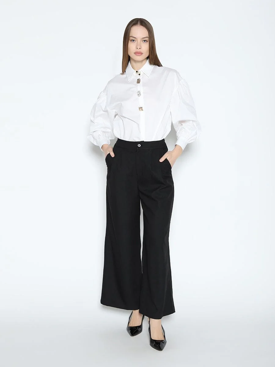 Long Puff Sleeve Button Detail Cotton Shirt - Image 2